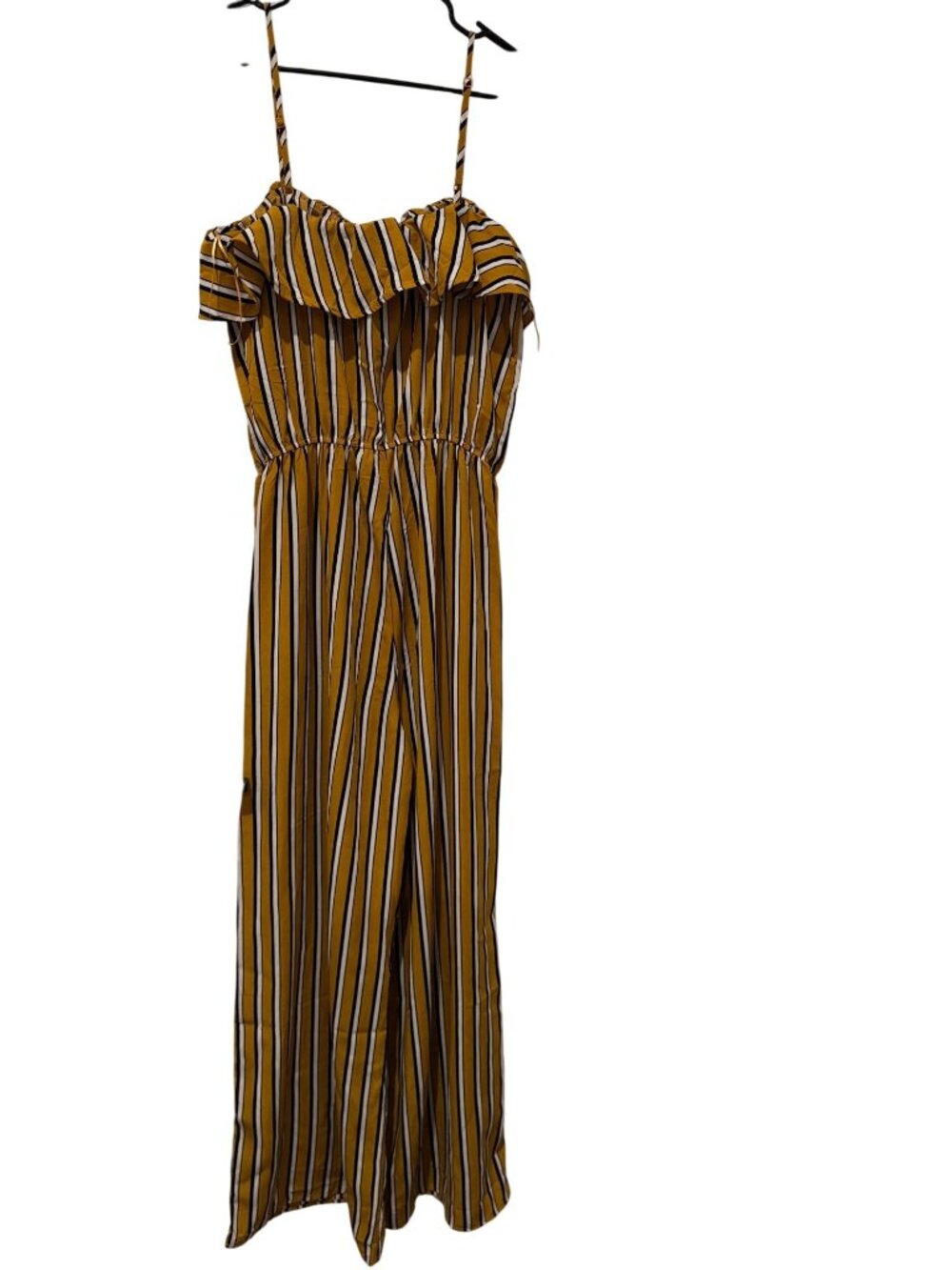 Yellow & Black Striped Jumpsuit With Ruffle Neckline & Adjustable Straps - Picture 2 of 7